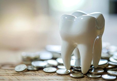 Shiny model tooth on a pile of coins on a wooden surface